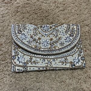 Lulu's Cream Satin Clutch with detachable metal chain
